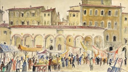 Quadro di Rodolfo Marma Mercato piazza dei Ciompi  - acquerello carta 
